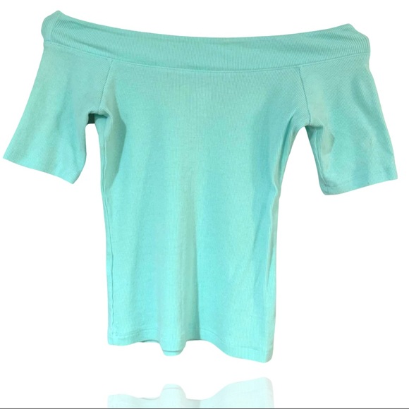 Neon Teal Off-Shoulder Short Sleeve Crop Top • Woman - Picture 6 of 9